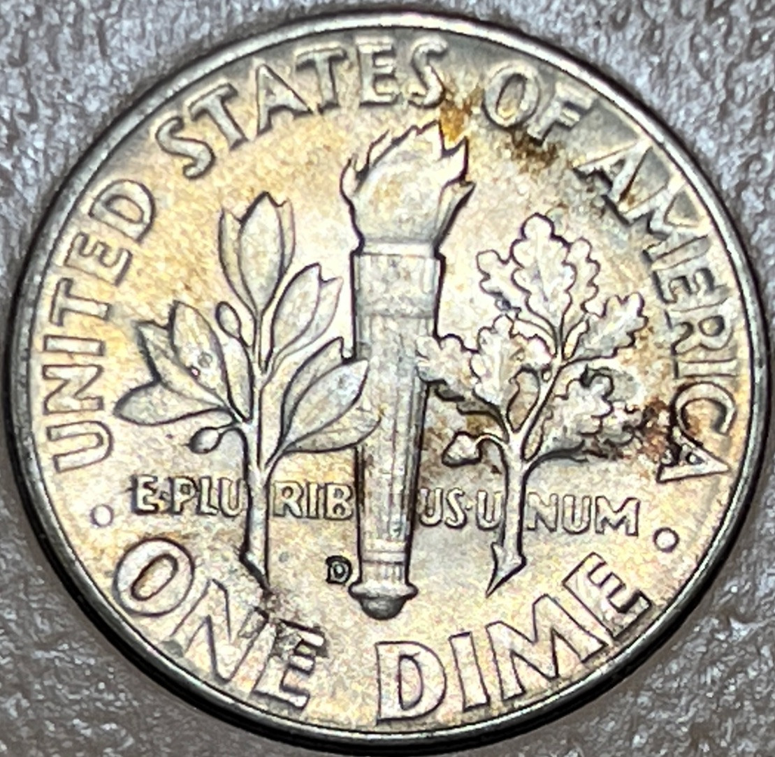 1950 D Roosevelt Silver Dime Errors Strike Through Grease Toning Uncirculated