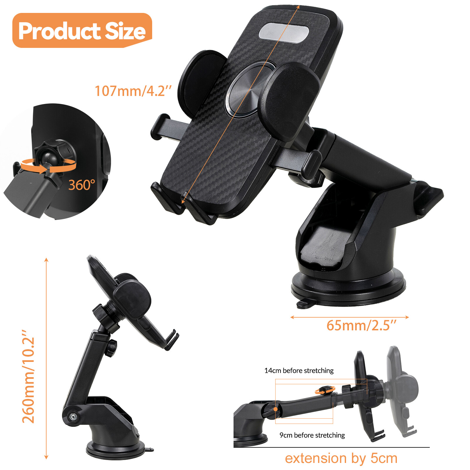Car Phone Holder Auto Clamping Button, Universal 360° Suction Cup Mount
