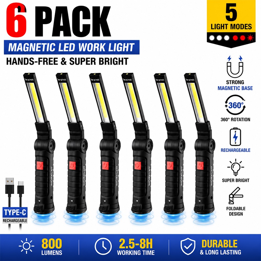 6 Pack Rechargeable LED Camping Work Light Magnetic Flashlight Emergency Outdoor