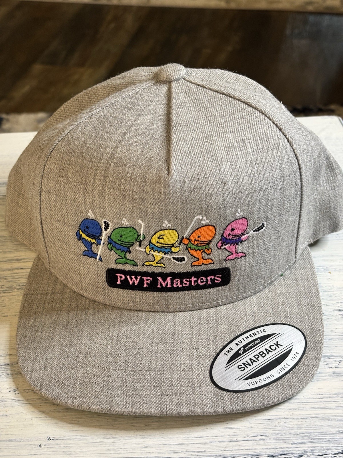 PWF Masters Embroidered Heather Gray SnapBack Ballcap Golf Hat Fish wGolfclubs