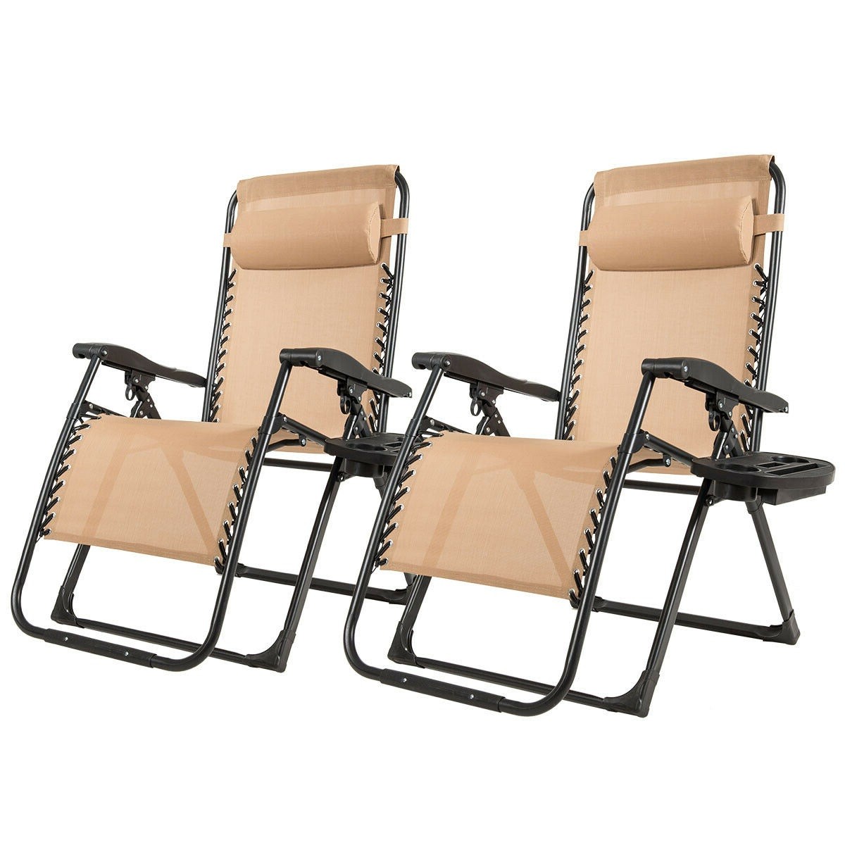 2PCS Folding Zero Gravity Lounge Chair Recliner w/ Cup Holder Pillow Beige