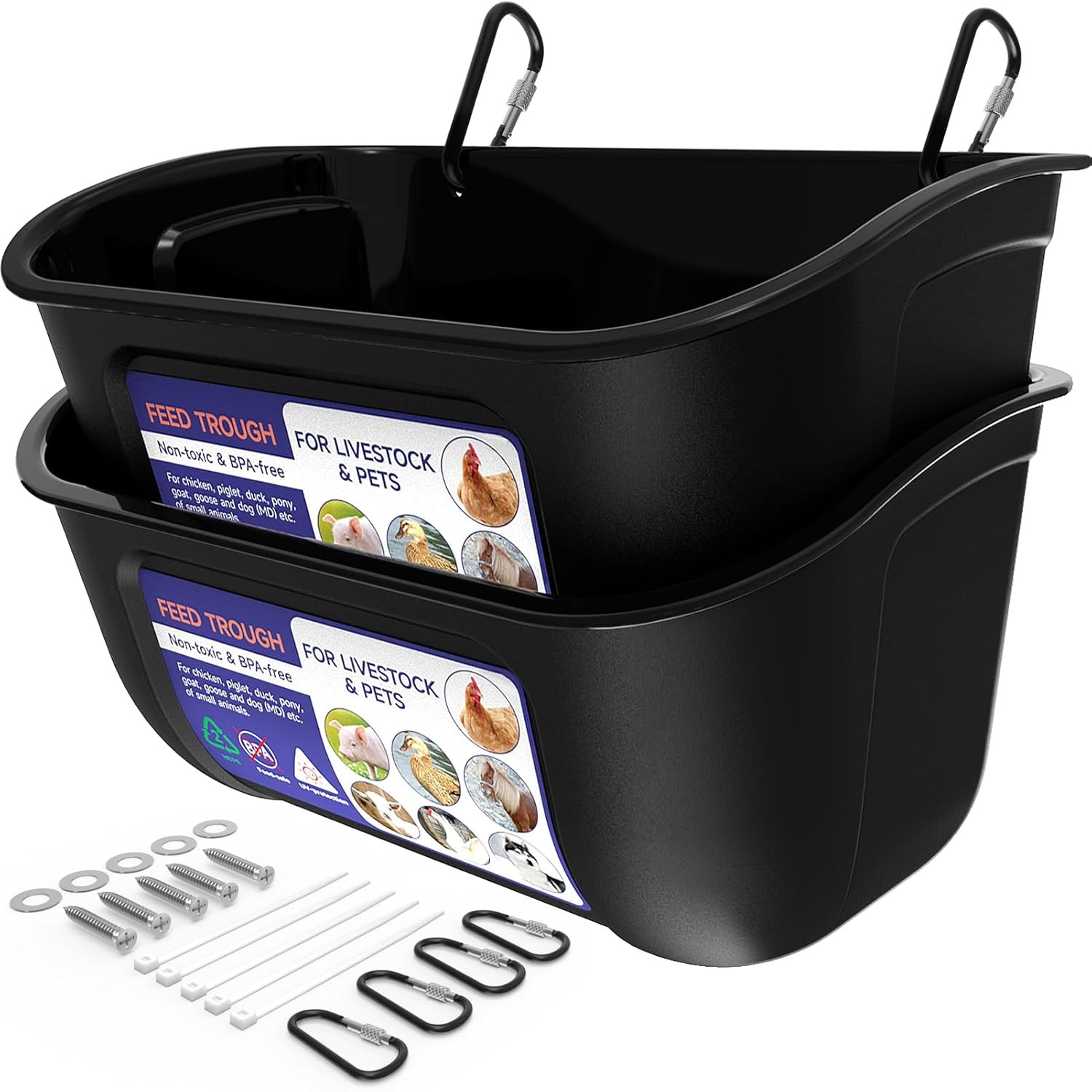5 Quart Black Chicken Feeder and Waterer Fence Mounted Screw-in with Clips