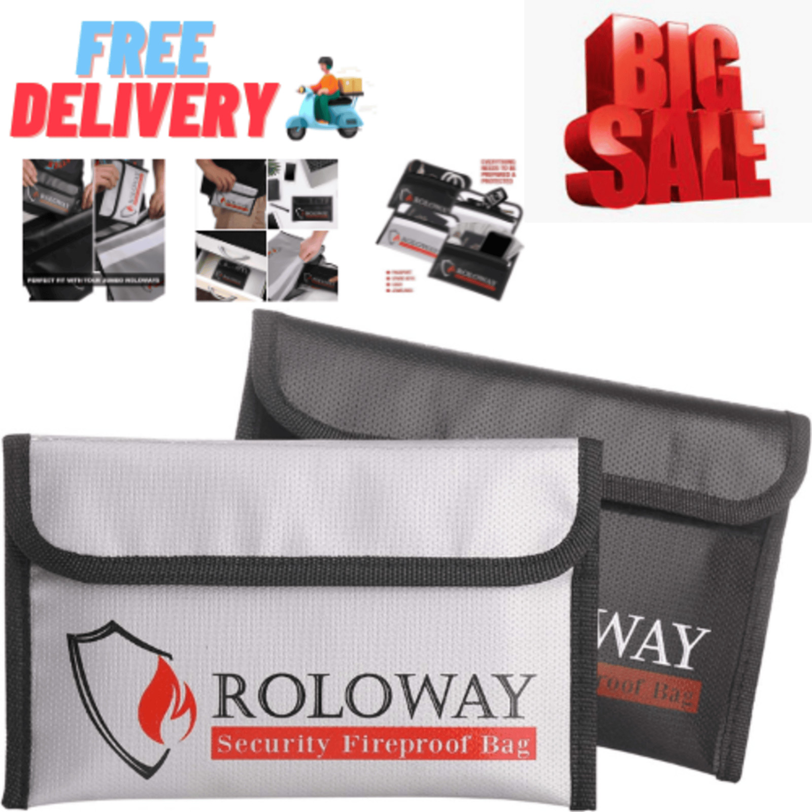 ROLOWAY Fireproof Bag (5 X 8 ), Money Wallet Cash Fireproof Bag (2-Pack)
