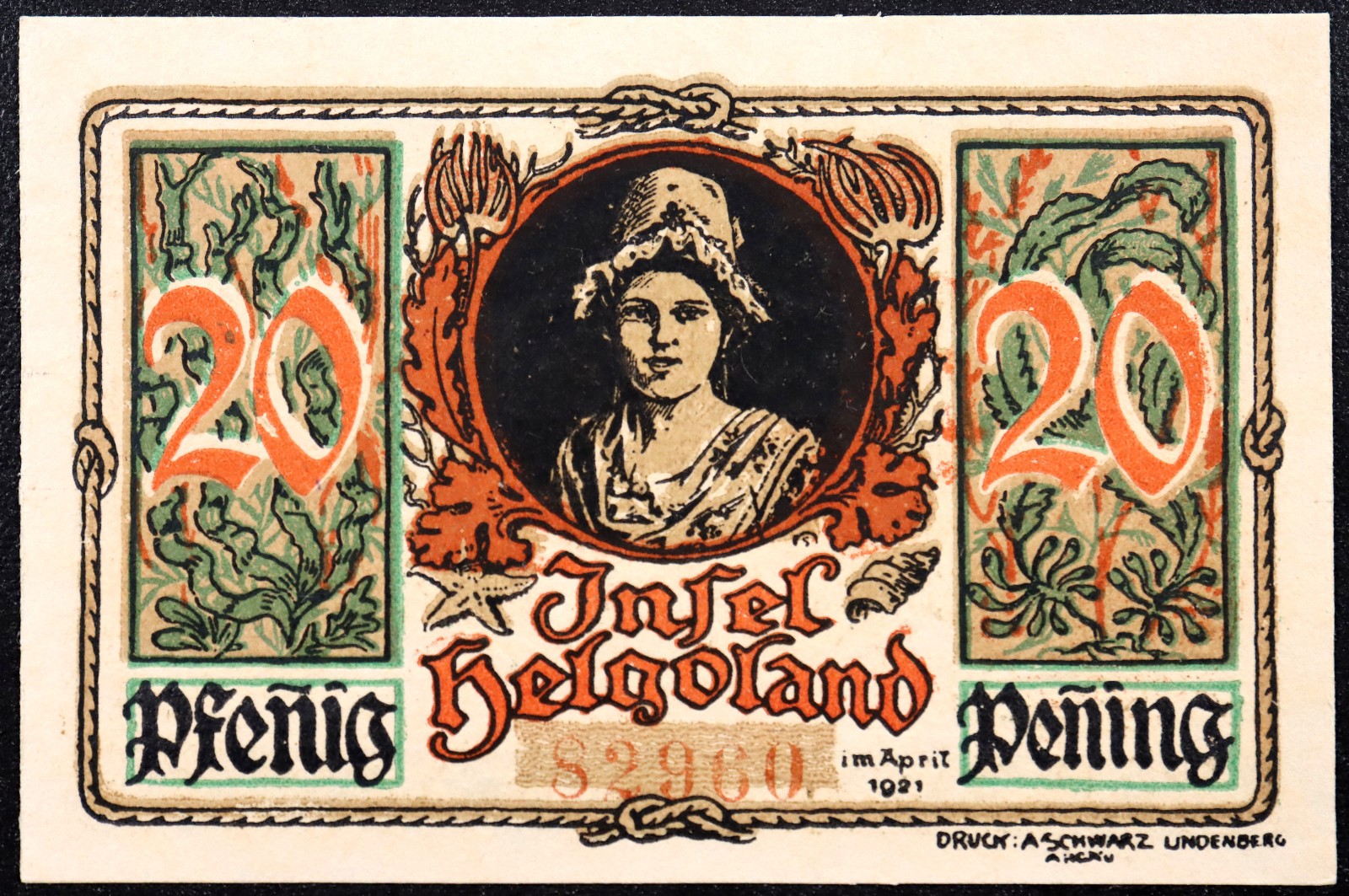 HELGOLAND 1921 RARE Double-Lined Seal Border! "Girl" 20 Pfennig Notgeld