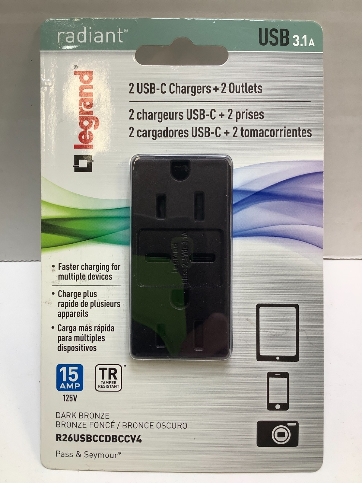Legrand Pass & Seymour Radiant 15 Amp Wall Power Outlet, w/2 USB C Chargers