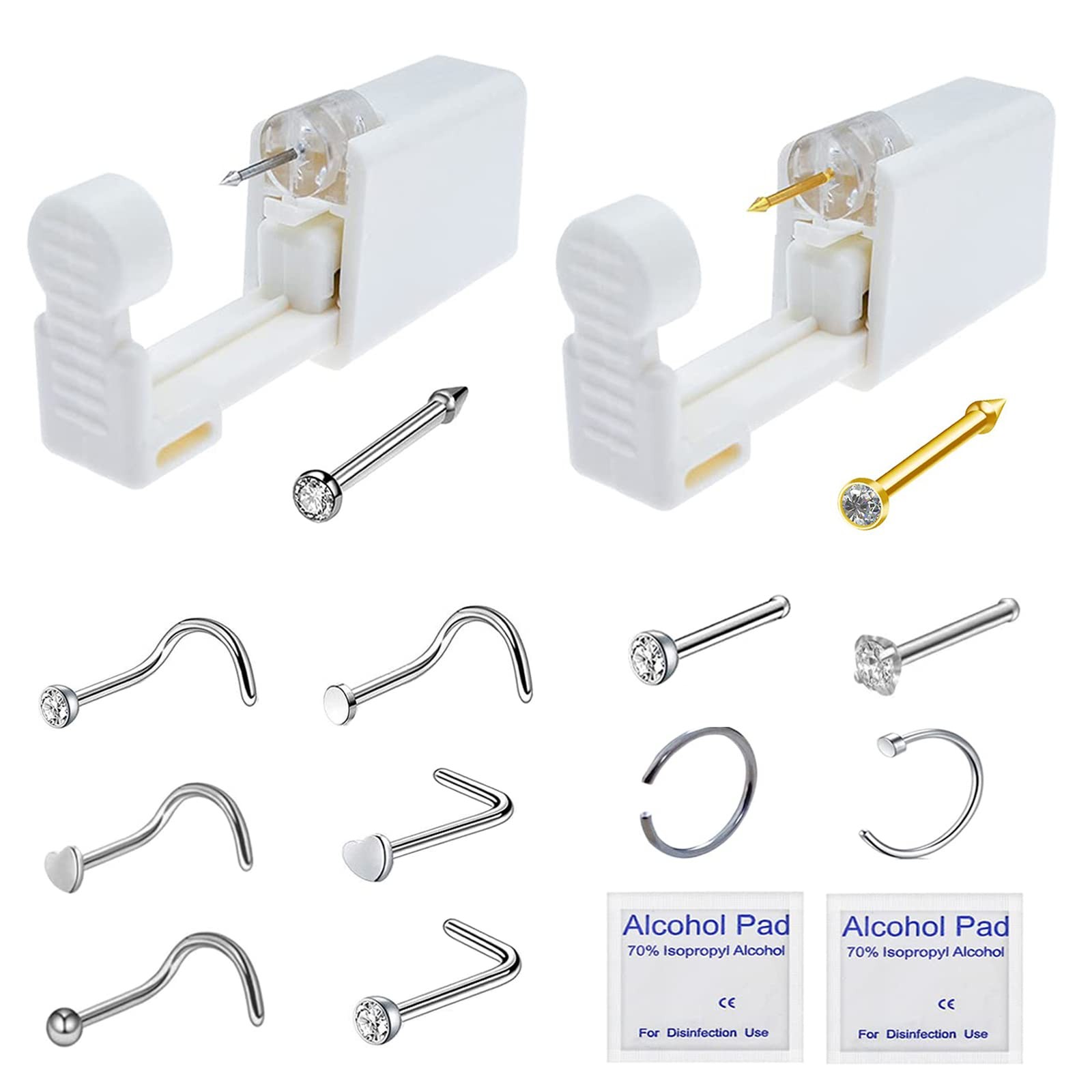 Nose Piercing Gun - 2 Pack Safety Disposable Percinging Kit 2 mm, silver