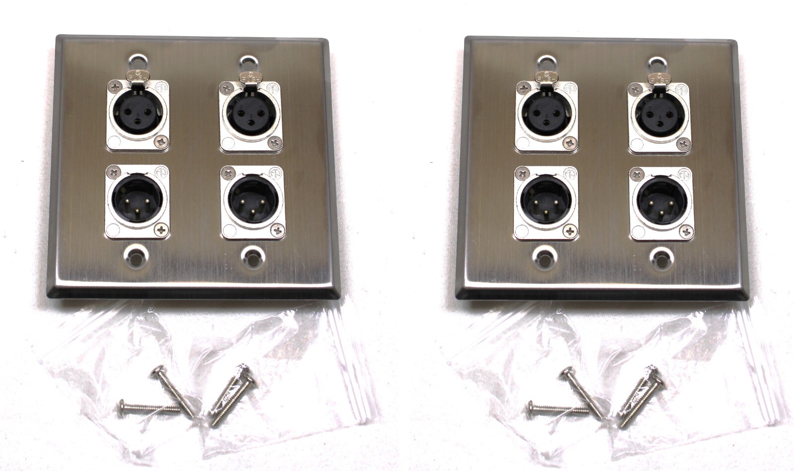 (2) Two Four XLR Double Wall Plates w/ Neutrik 2 Male + 2 Female Stainless Steel