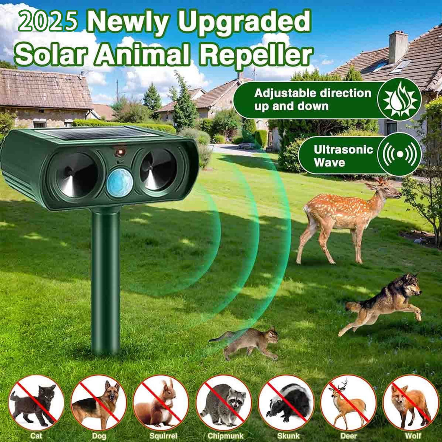 1x Ultrasonic Solar Animal Repeller Motion-Activated for Cats, Squirrels Rabbits