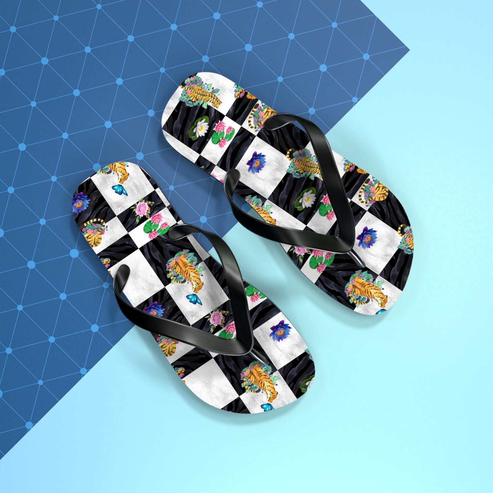 Checkerboard Floral and Tiger Flip Flops | Black Strap Summer Sandals for her