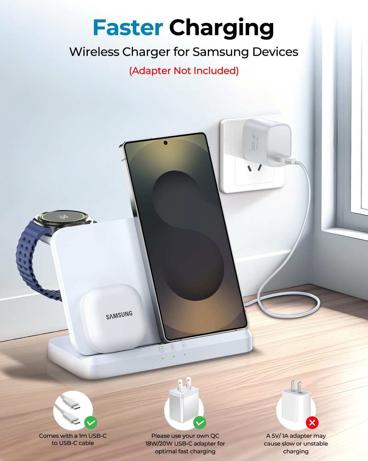 EGV Wireless Charger for Samsung – 3 in 1 Charging Station White