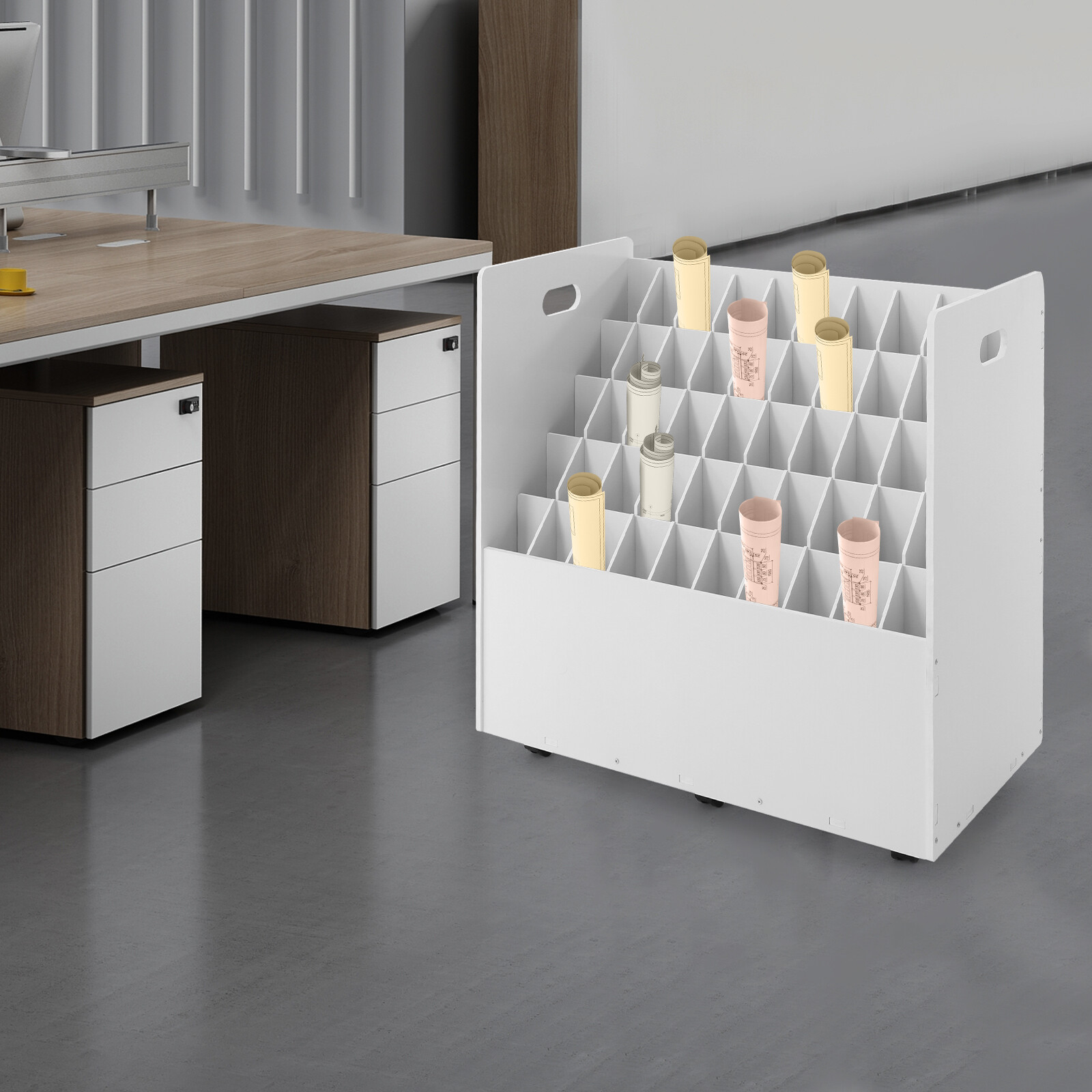50-slot Blueprint Organizer, Roll File Storage Holder, Movable Roll File Cart
