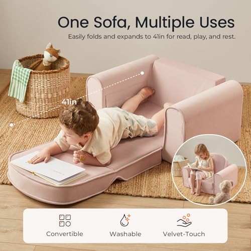 2-in-1 Foldable Kids Couch with Pockets – Soft Thick Toddler Sofa, Pink