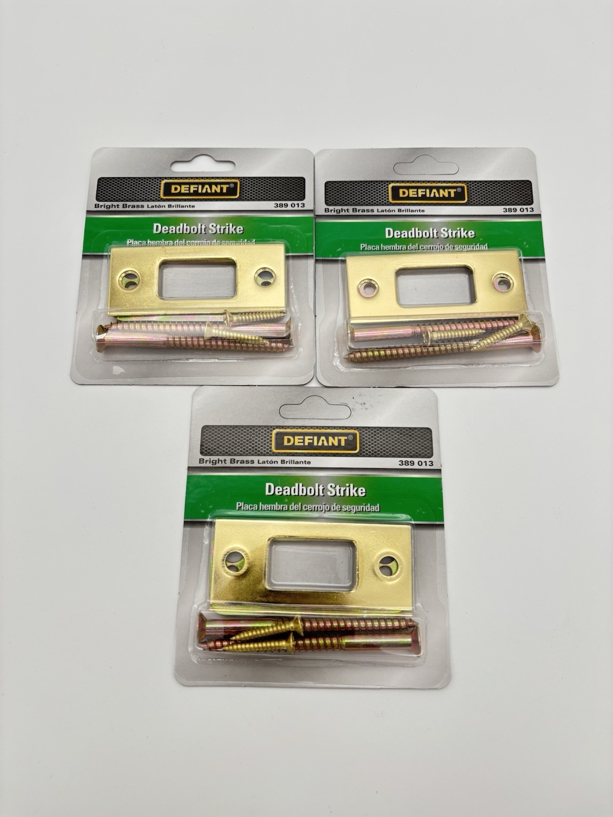 (3 PACK) NEW Defiant Deadbolt Strike Plate 2-3/4" x 1-1/8" Brass Security Screws
