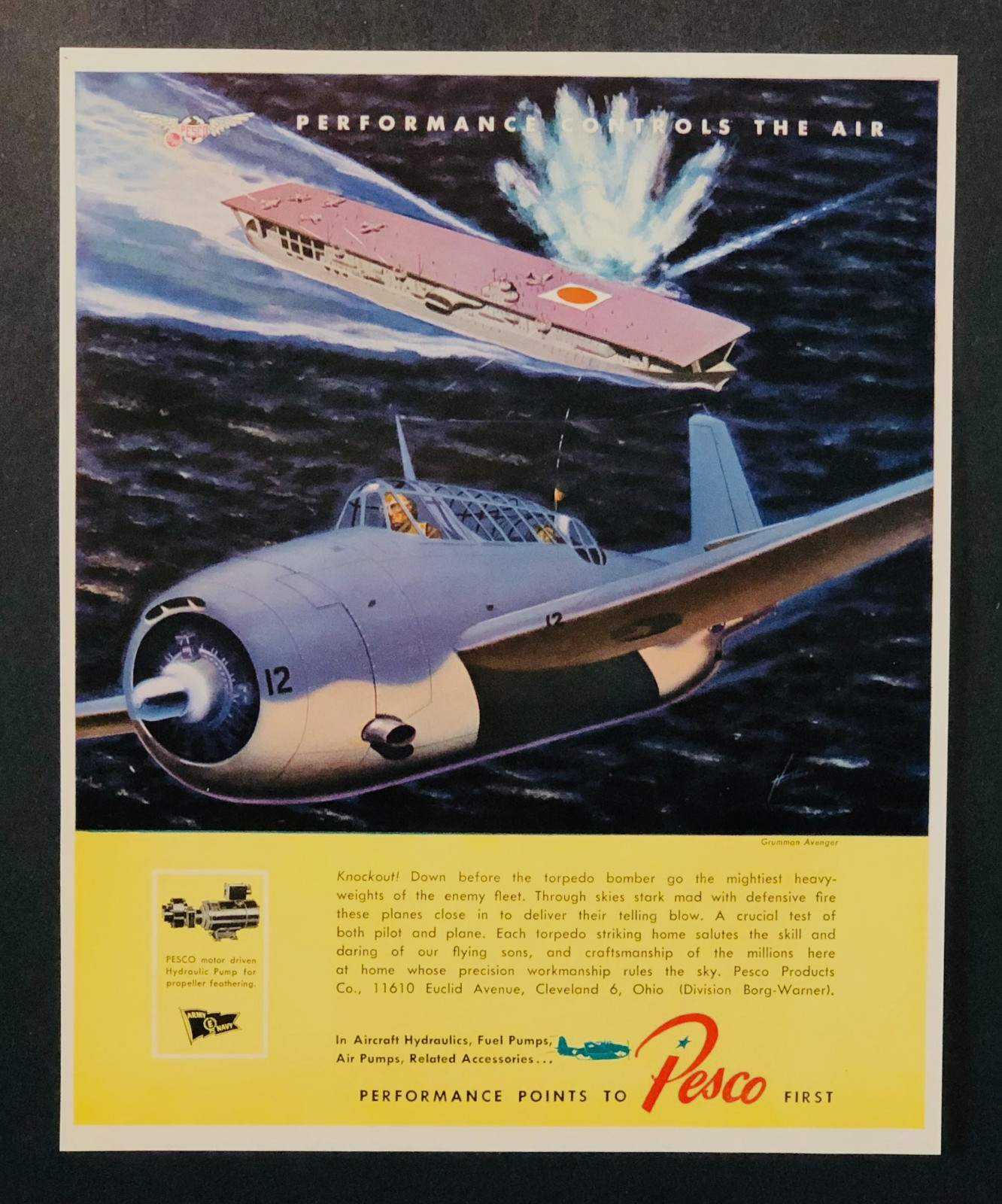 1943 Pesco Products WW II Advertisement Grumman Avenger Bomber Vtg Print AD