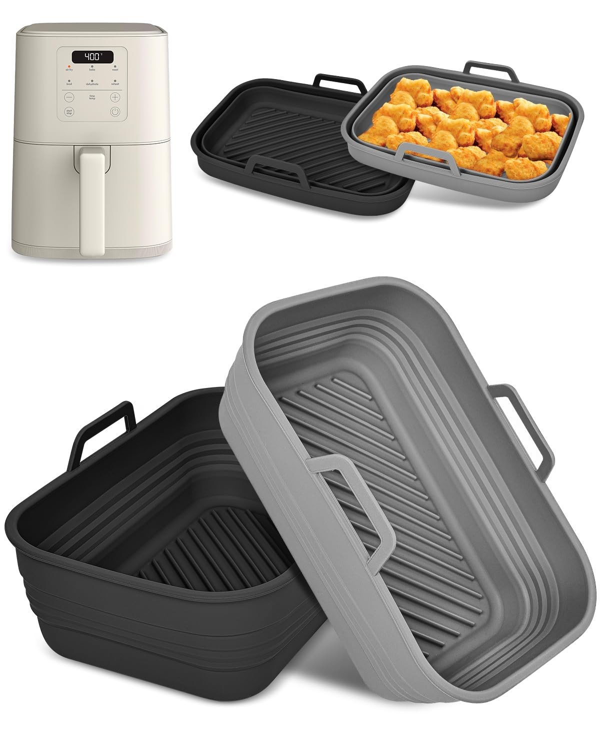 Collapsible Air Fryer Silicone For Bella 4QT Slim Fryer, Gray+Black