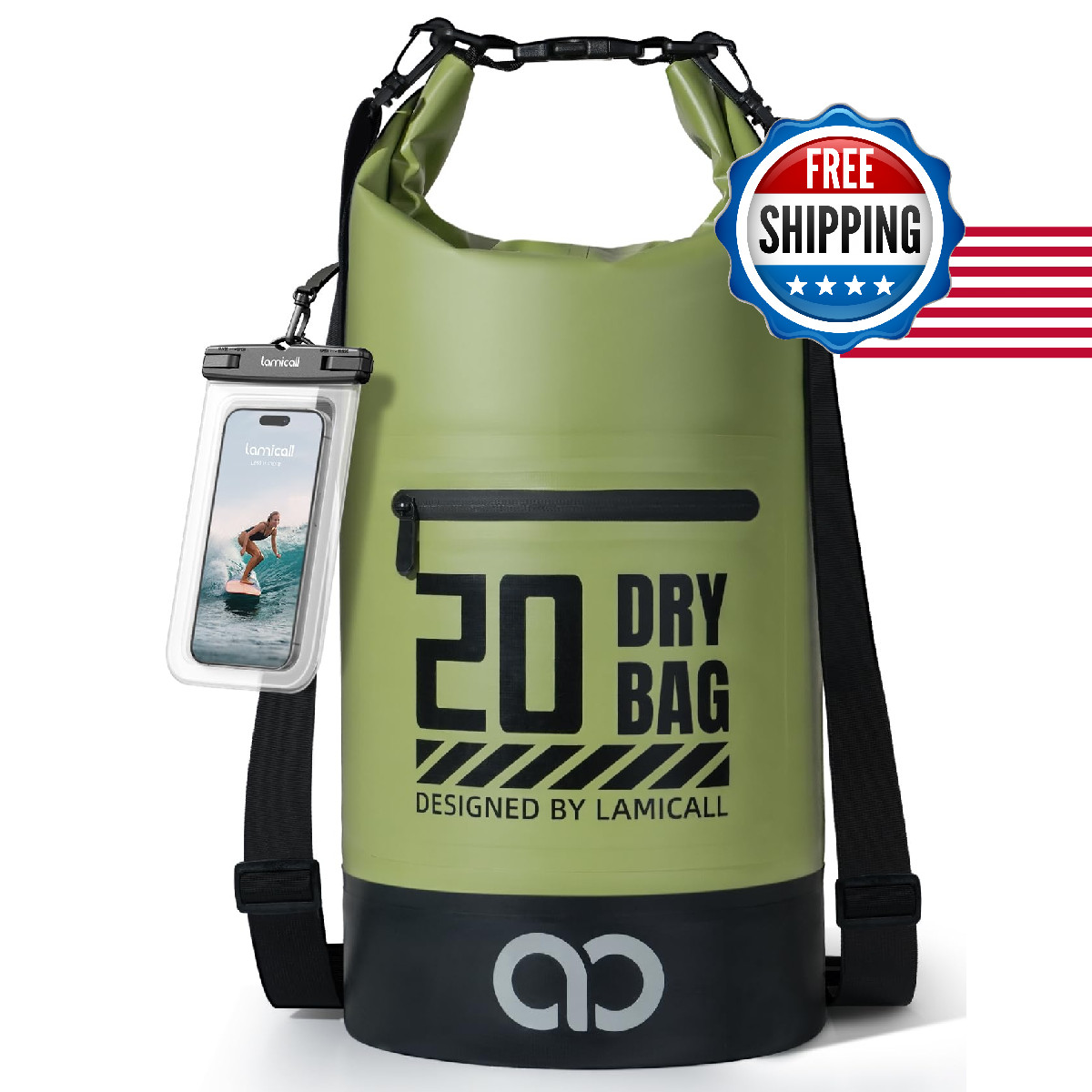Lamicall Waterproof Dry Bag with Phone Pouch, Floating Roll Top Backpack, 20L, G