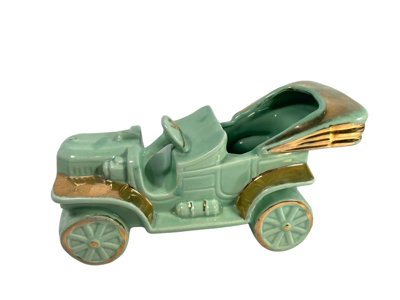 1900’s Style British Touring Car Planter Light Green Ceramic Gold Details