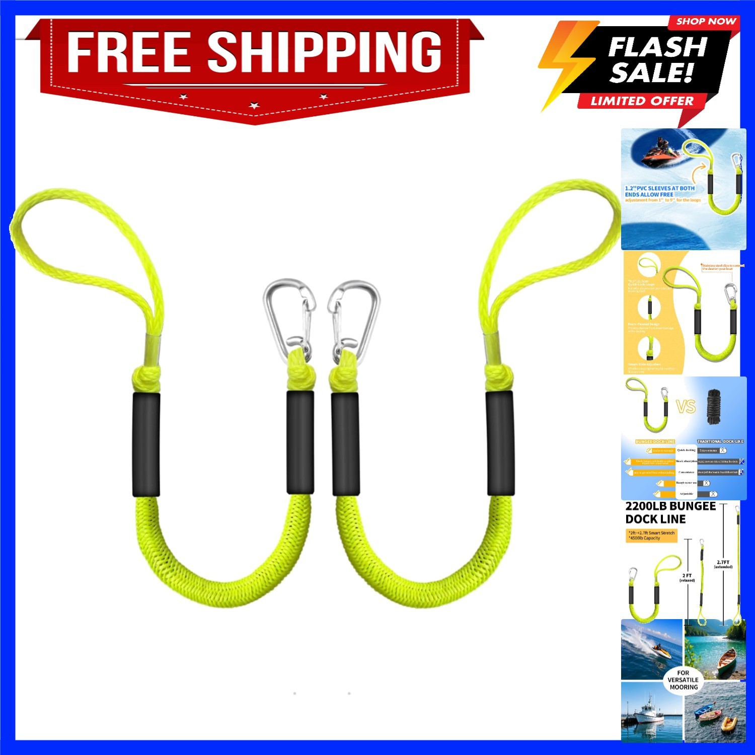 Bungee Dock Lines for Boats 2FT, Boat Tie Downs for Dock with Hooks, Elastic ...