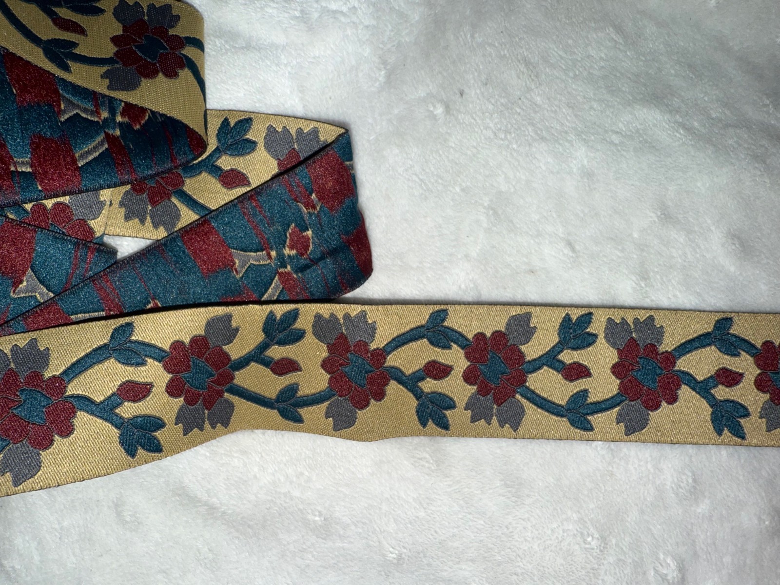 4 yards tan burgundy teal gray woven jacquard satin trim 1.25" wide PRECUT *2pcs