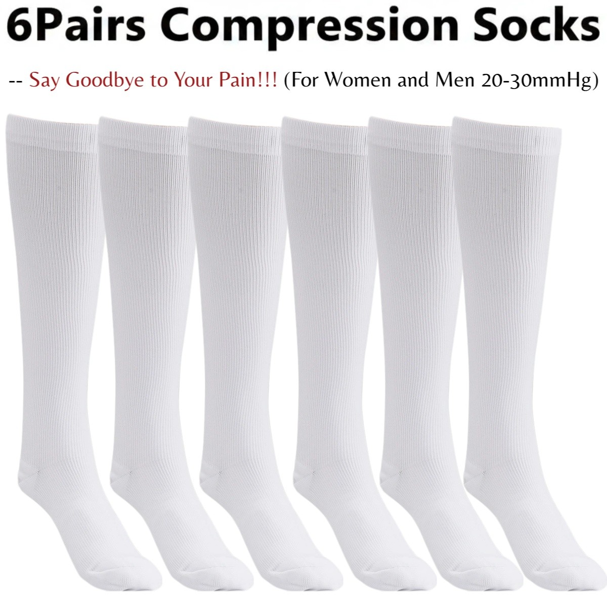 6 Pairs 20-30mmHg Graduated Compression Support Socks Knee High Men Women S-XXL