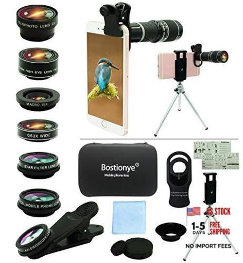 Cell Phone Camera Lens Kit,11 in 1 Universal 20x Telephoto 0.63Wide Angle black