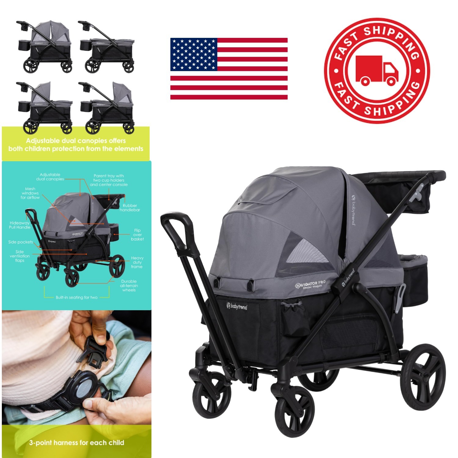 Lightweight Stroller Wagon Dash Black for Kids with Easy Fold and Storage Basket