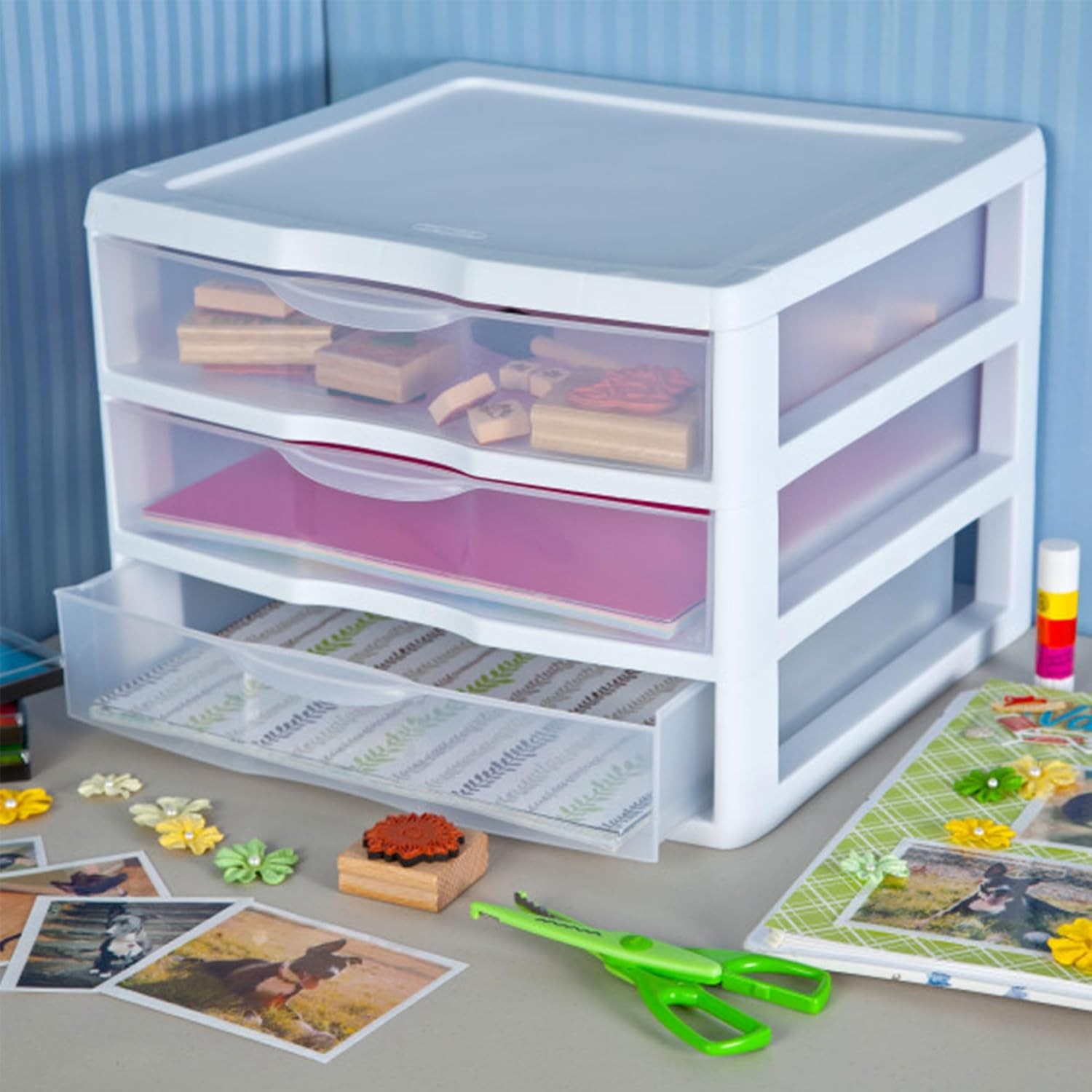 3-Pack Wide 3 Drawer Unit, Plastic Desktop Organizer with Clear Drawers