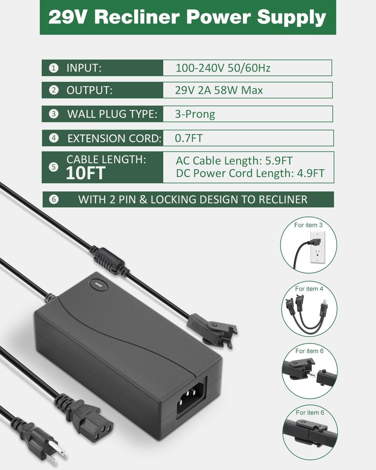 Power Recliner Power Supply, 29V 2A, Recliner Power Cord Replacement, Univers...