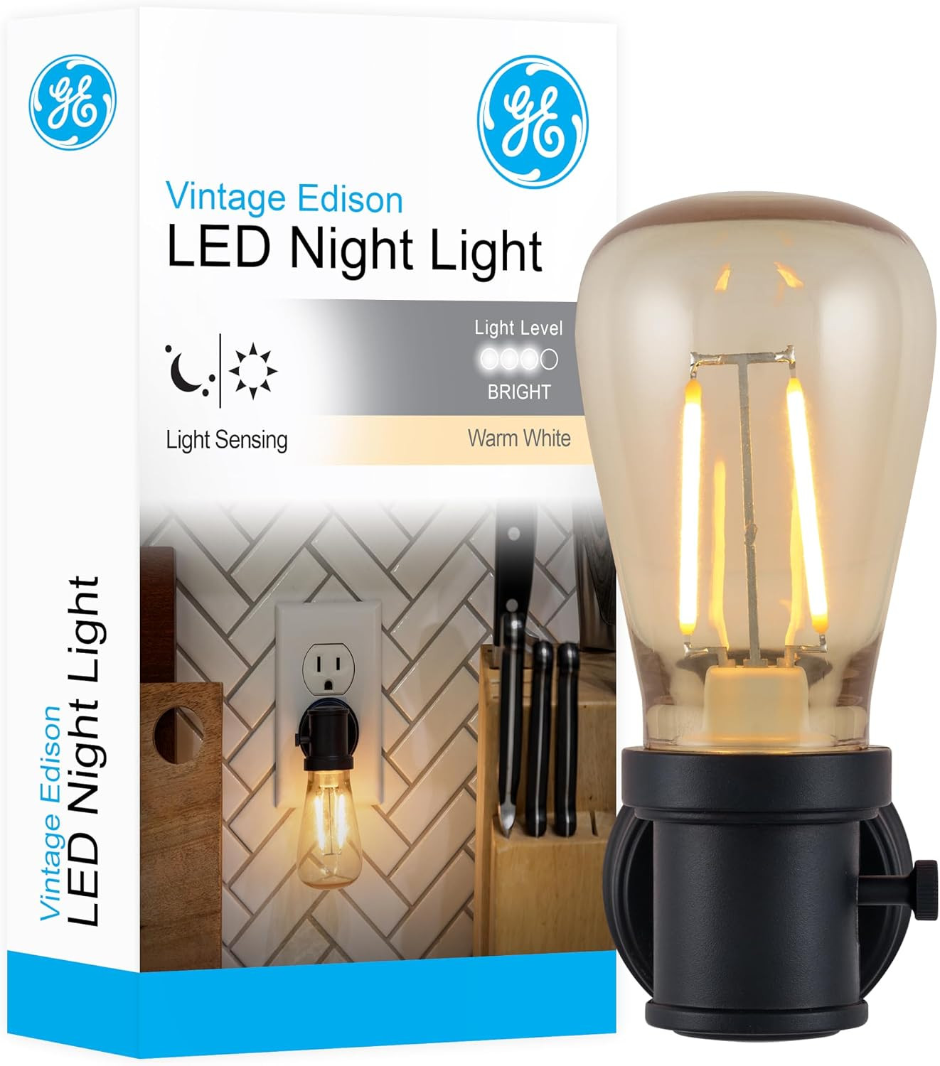 GE Edison Filament LED Night Light with Warm Accent Lighting, Dusk to Dawn Se...