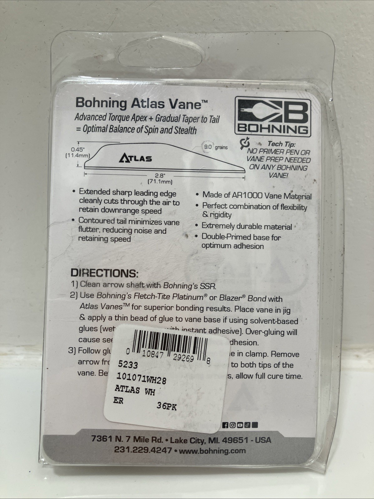 Bohning Atlas Vane 2.8" 36 Pack White