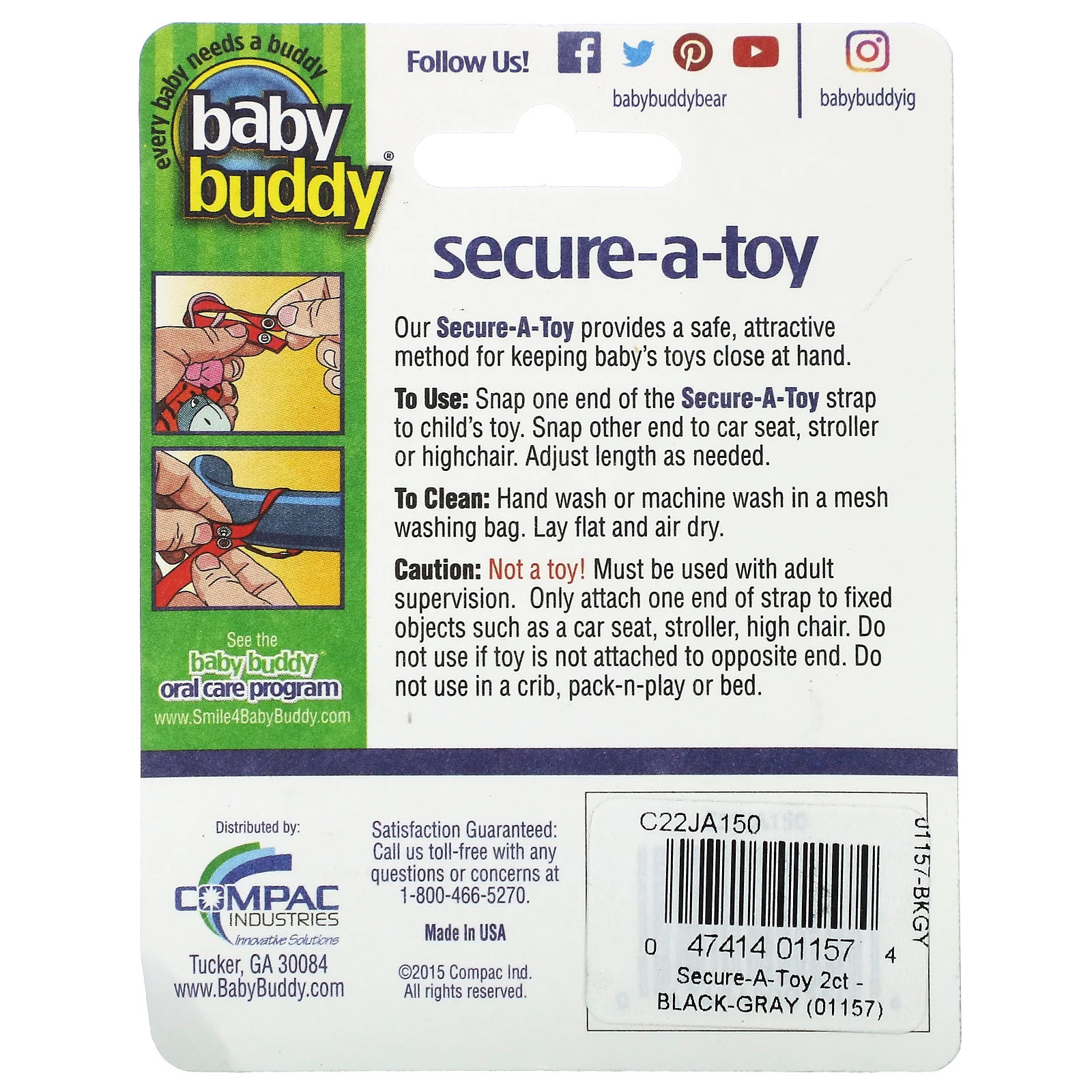 Secure-A-Toy, 4+ Months, Black/Gray, 2 Straps