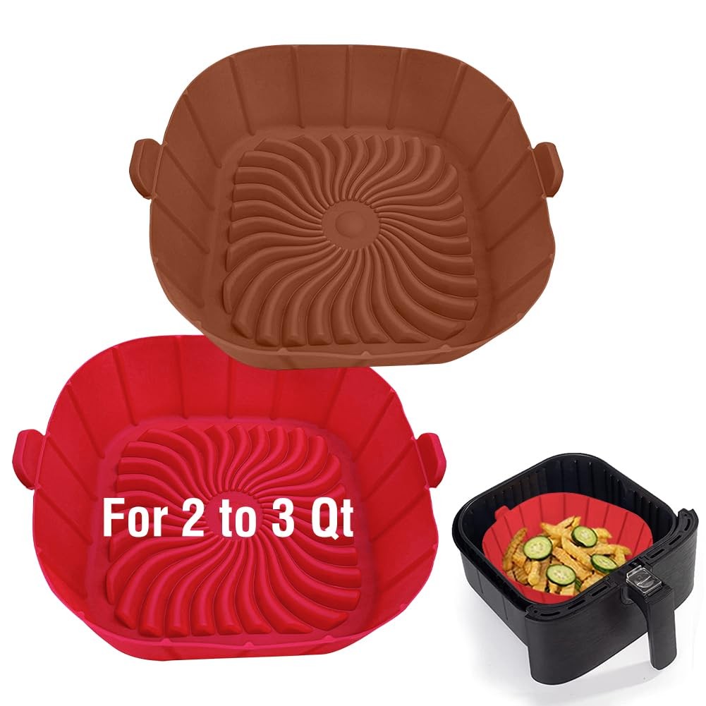 Air Fryer Silicone Liners for 2 to 3 QT Small Fryers, 2 Small, Red+Brown