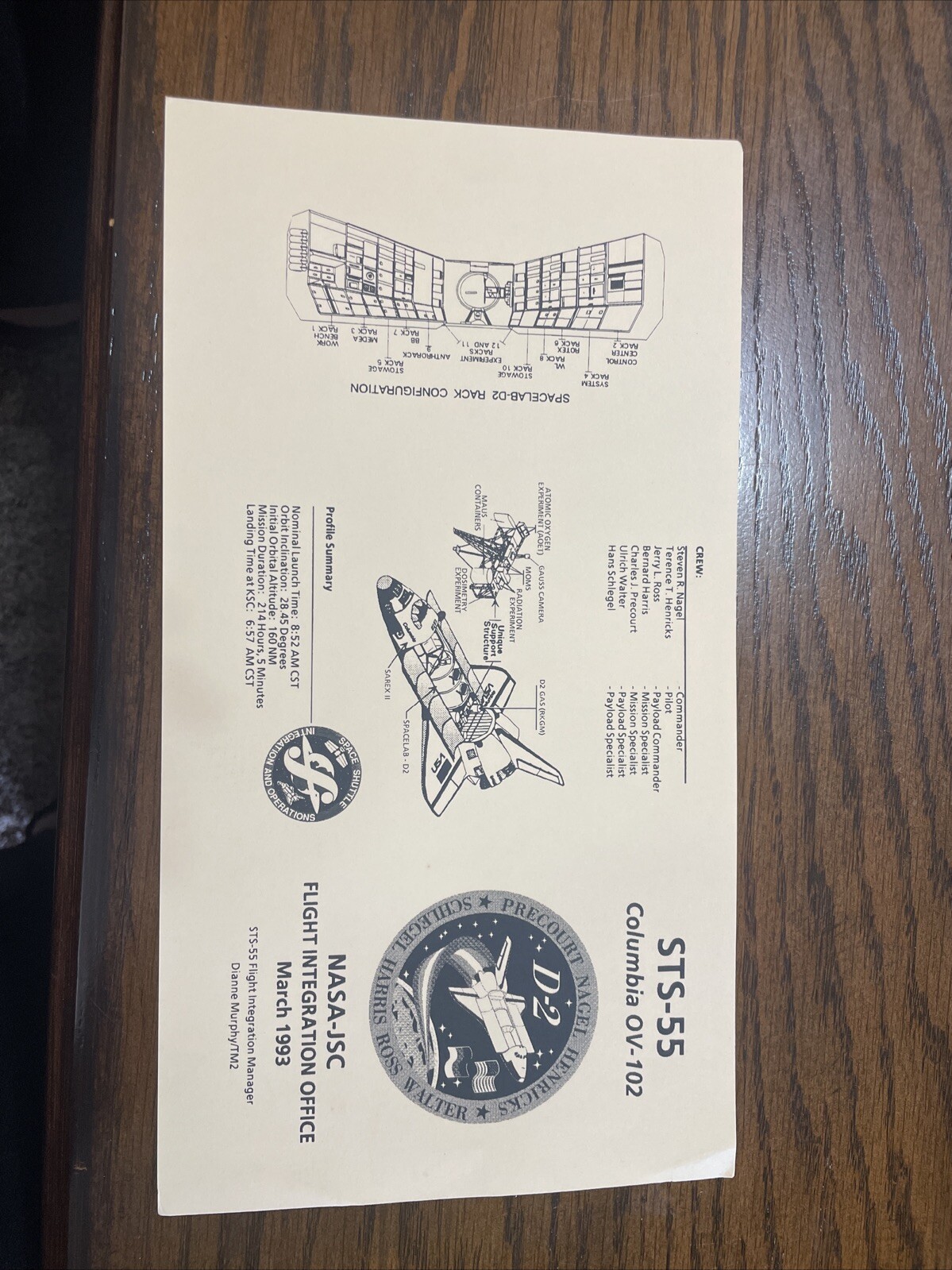 Space Shuttle Flight Information Card STS-55 Columbia OV-102