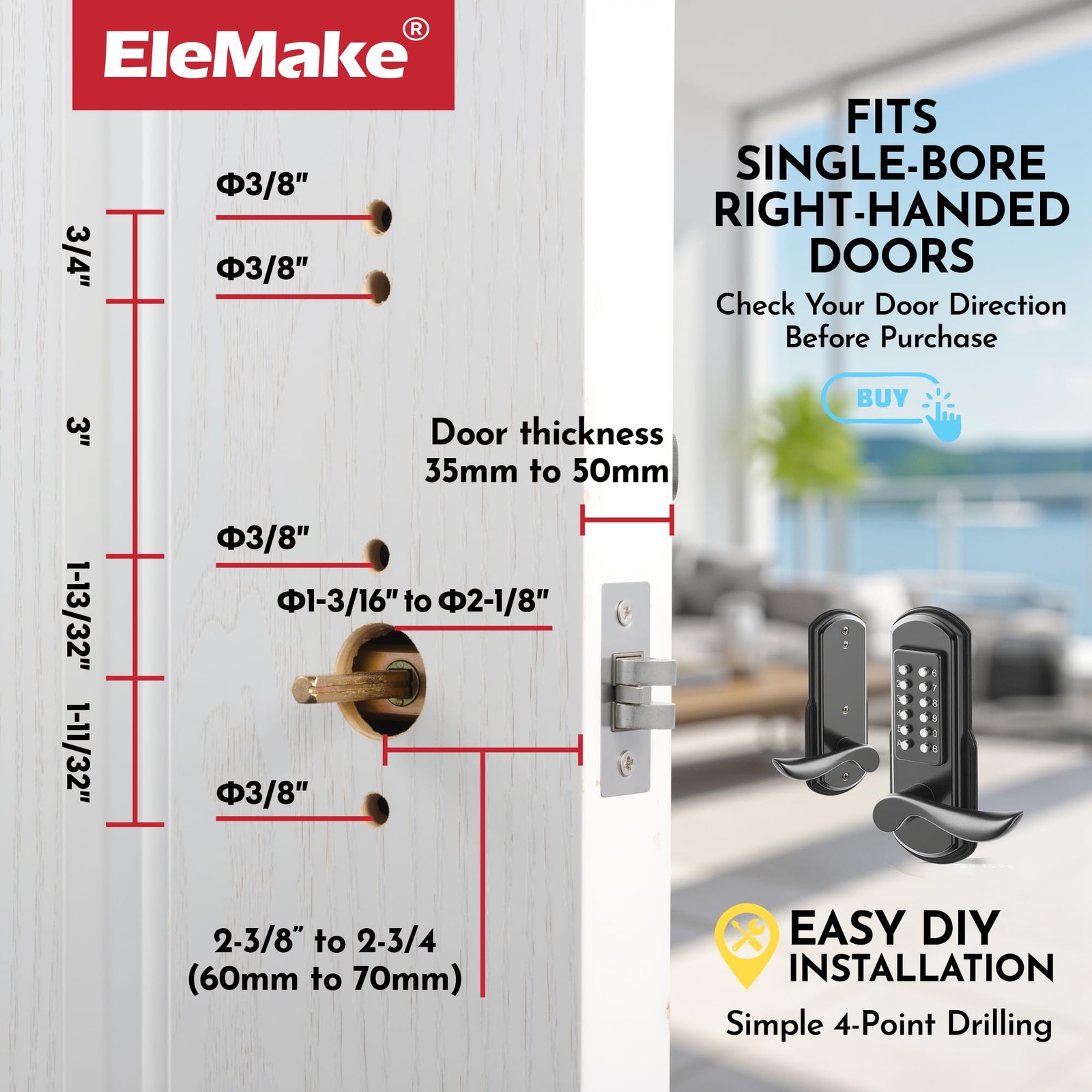 Elemake Keyless Door Lock Keypad Right Handed Mechanical Door Lock Security