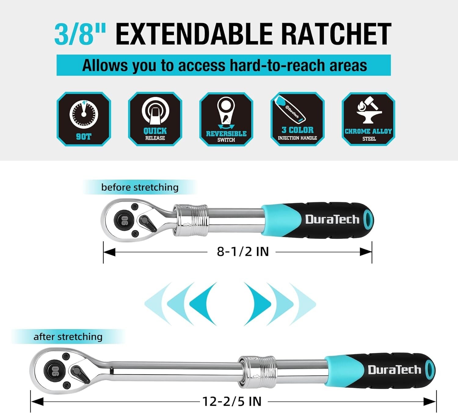DURATECH Extendable Ratchet 90-Tooth Reversible Quick-release Ratchet Wrench NEW