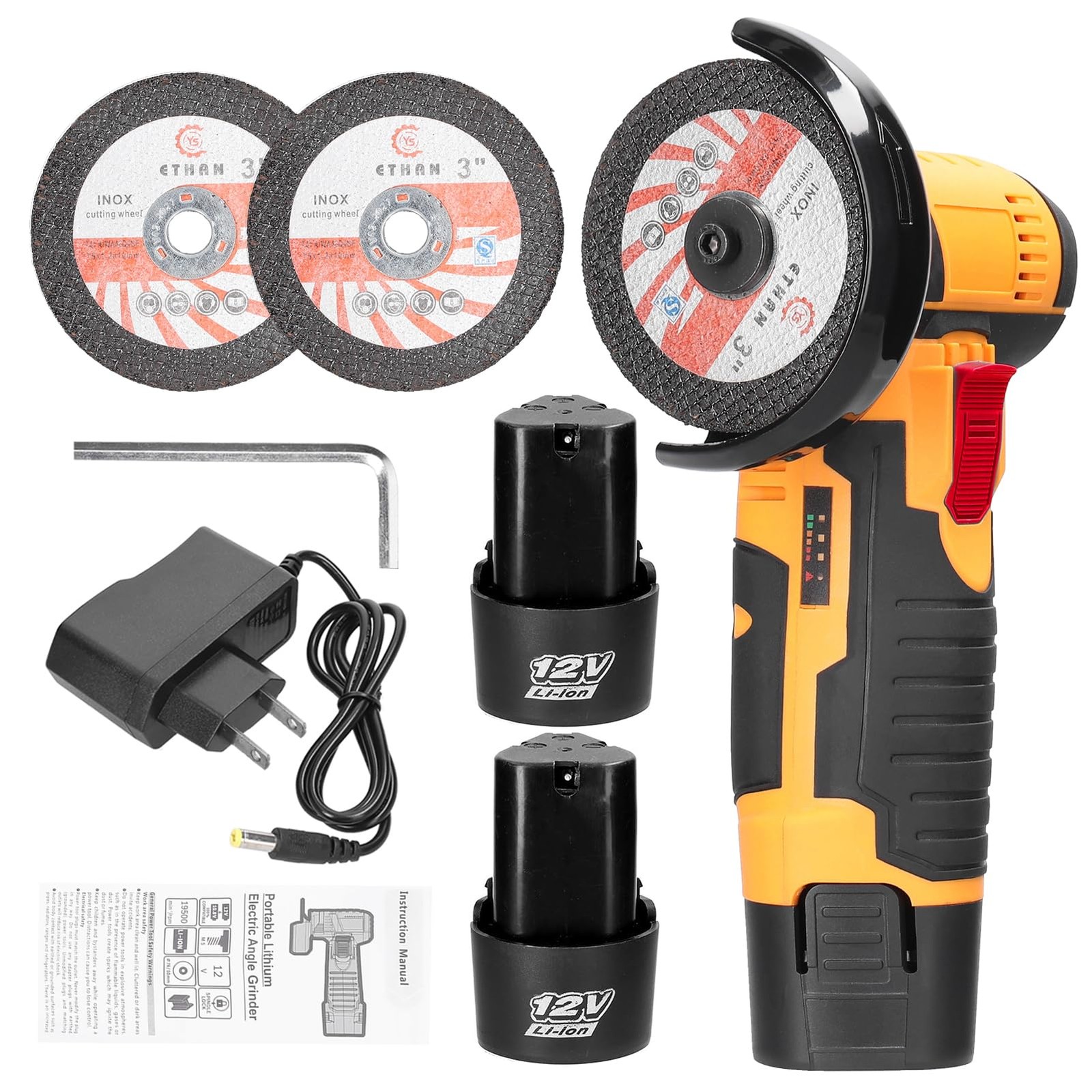 Cordless Angle Grinder, Mini Electric 8.50 x 3.31 x 4.72inch, Yellow