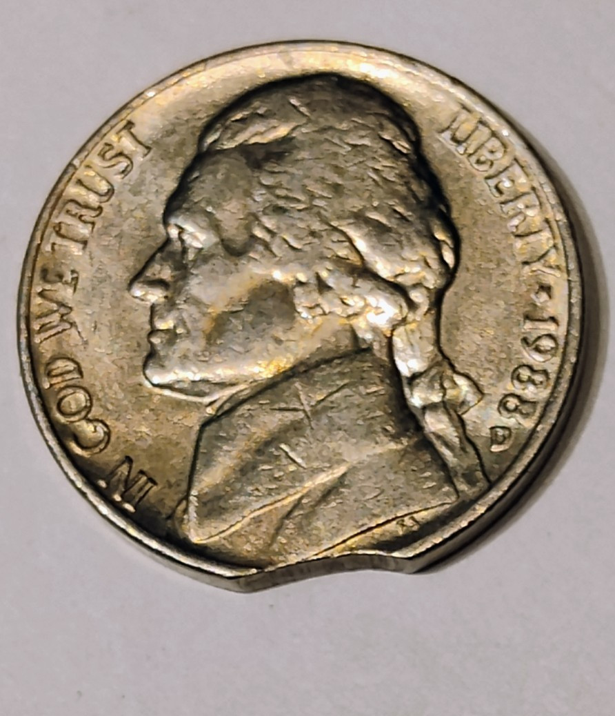 1988 P Jefferson Nickel, Die Cut on Rim, Circulated