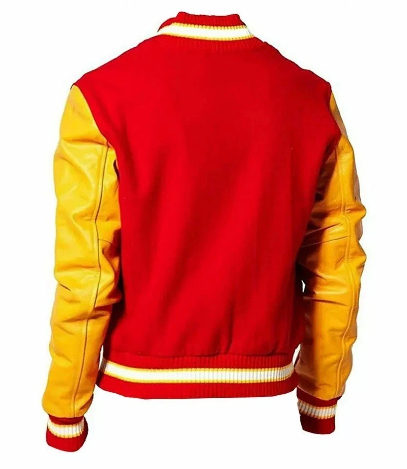 Men`s MJ Red Yellow Varsity Jacket Men Wool Leather Baseball Jacket