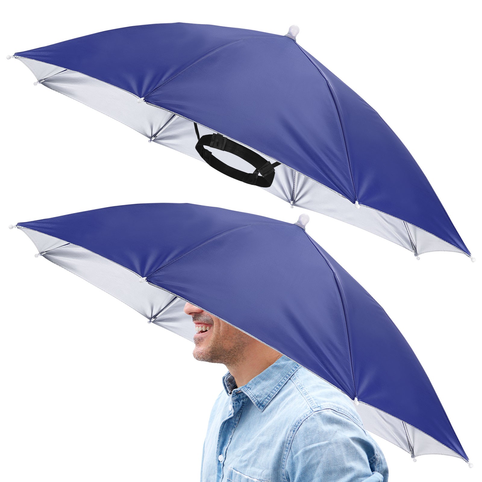 2 Pcs 26" Headband Umbrella Hat Hands Free Umbrella Cap for Outdoor [Navy Blue]