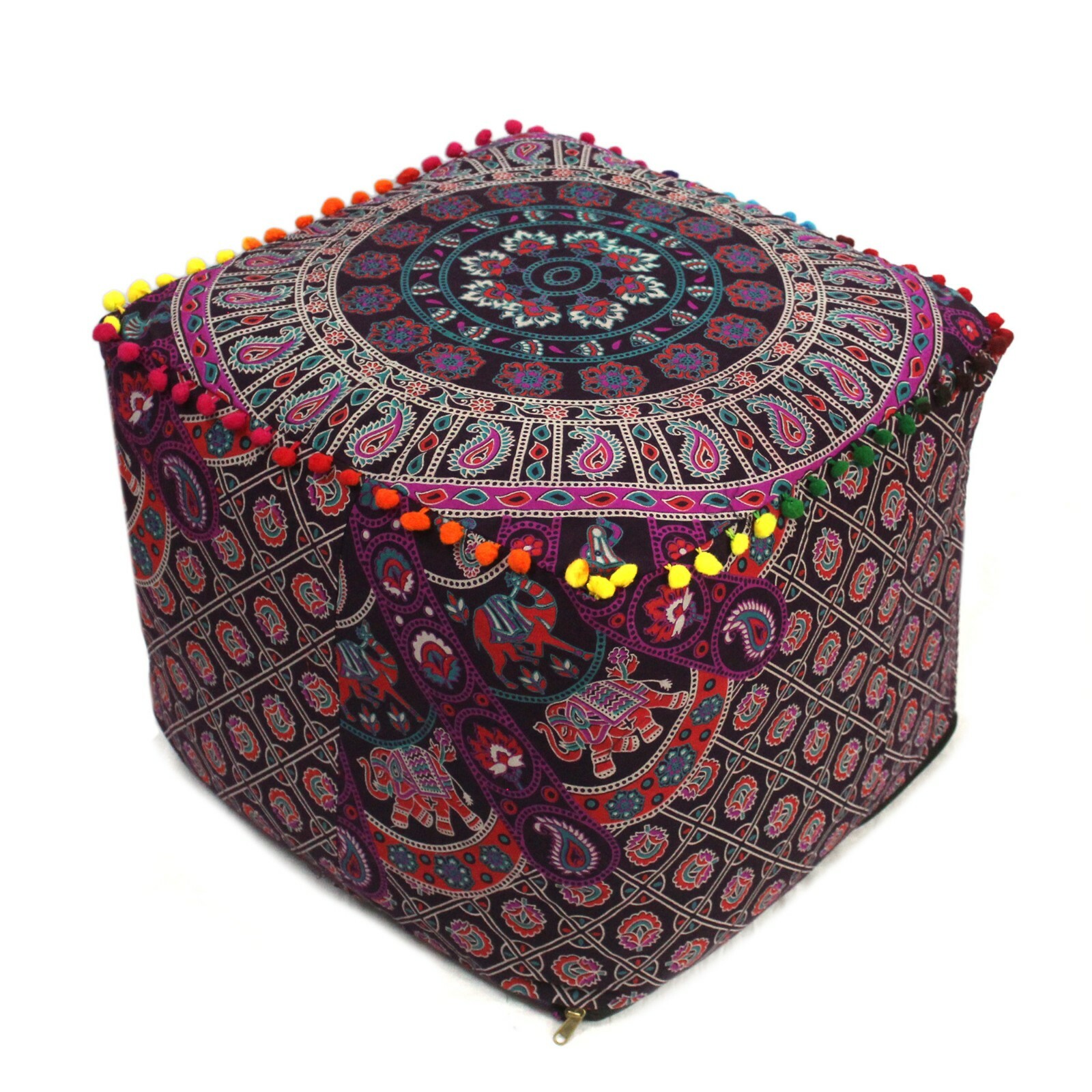 Indian 16" Rajasthani Ghoomar Mandala Pouf Cover Meditation Square Ottoman Cover