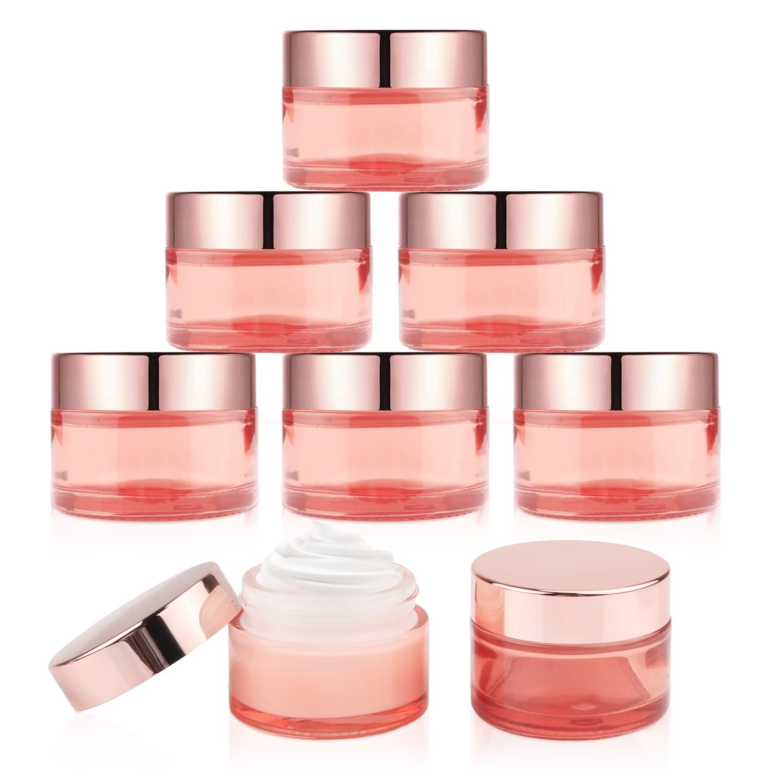 1 oz 8 Pack Pink Glass Jars,Empty 30ml Cream Jars with Rose gold Lids&Inner l...