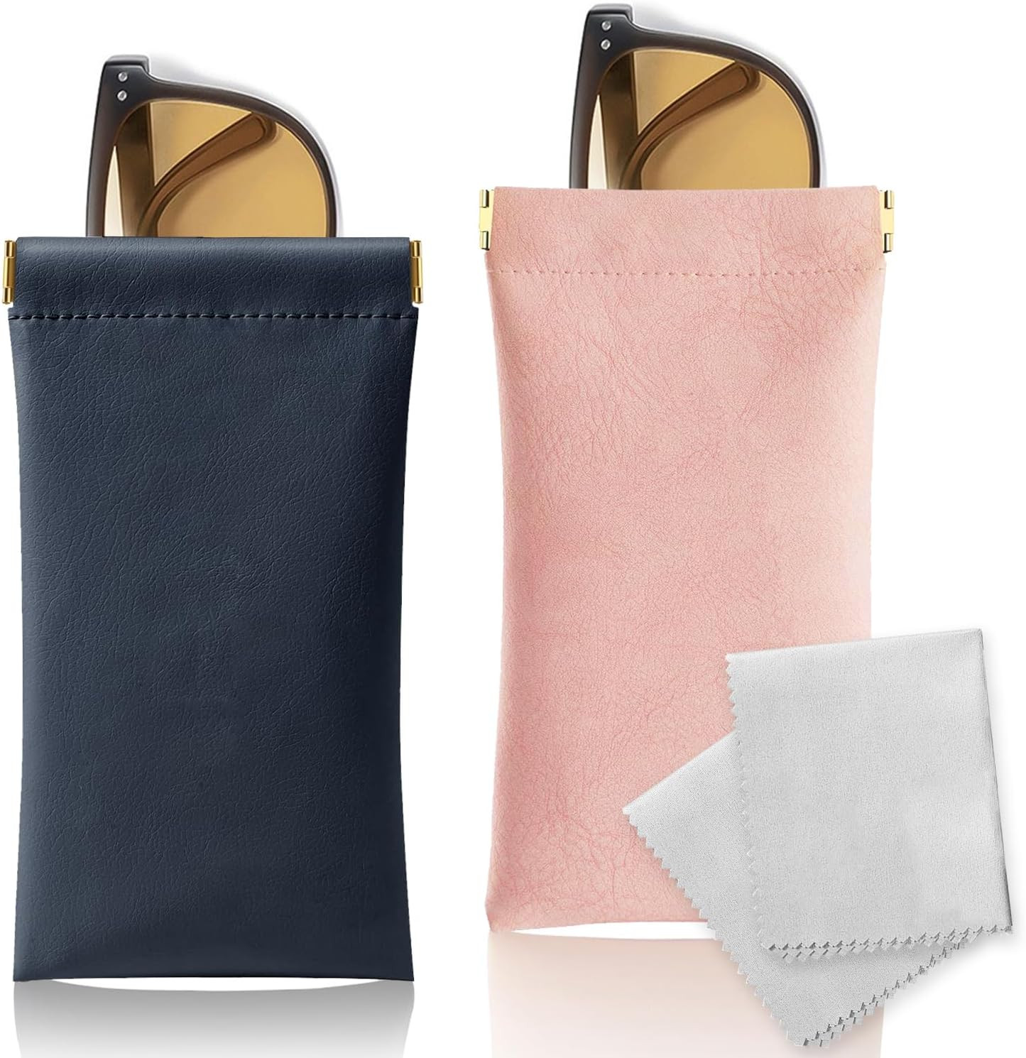 Glasses Case 2 Pack, Soft Portable Squeeze Top Eyeglass Case, PU Leather Sunglas