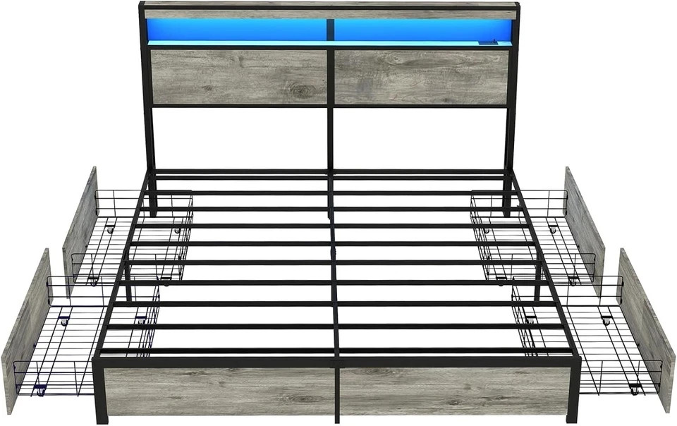 Full Queen King Bed Frame with Storage Headboard ,Charging Station & LED Lights