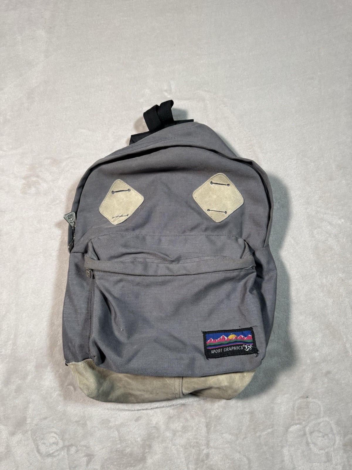 Vintage 80s Sports Graphics Backpack Gray Suede RARE