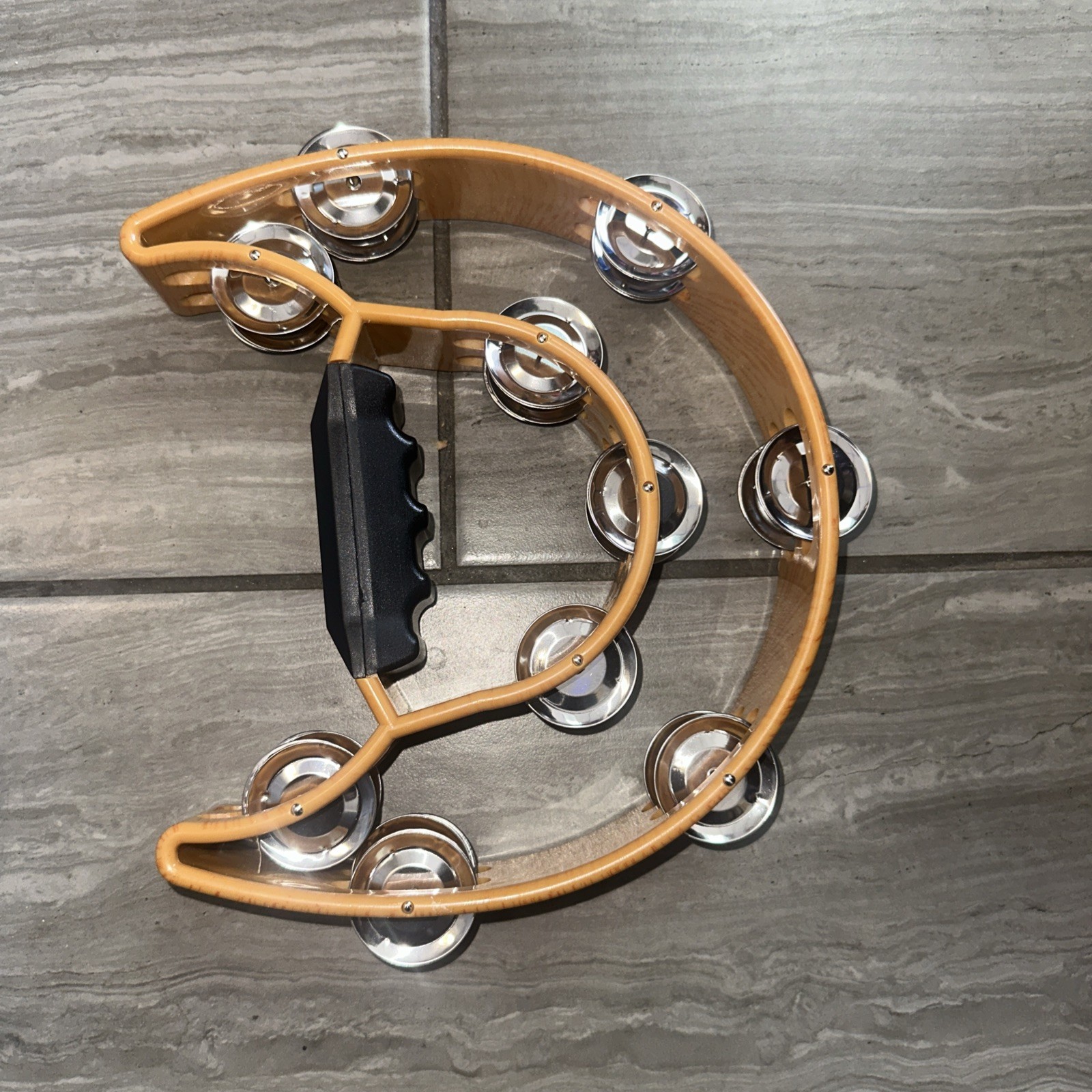 Hand Held Tambourine Drum HandBell Birch Metal Jingles Percussion Yellow