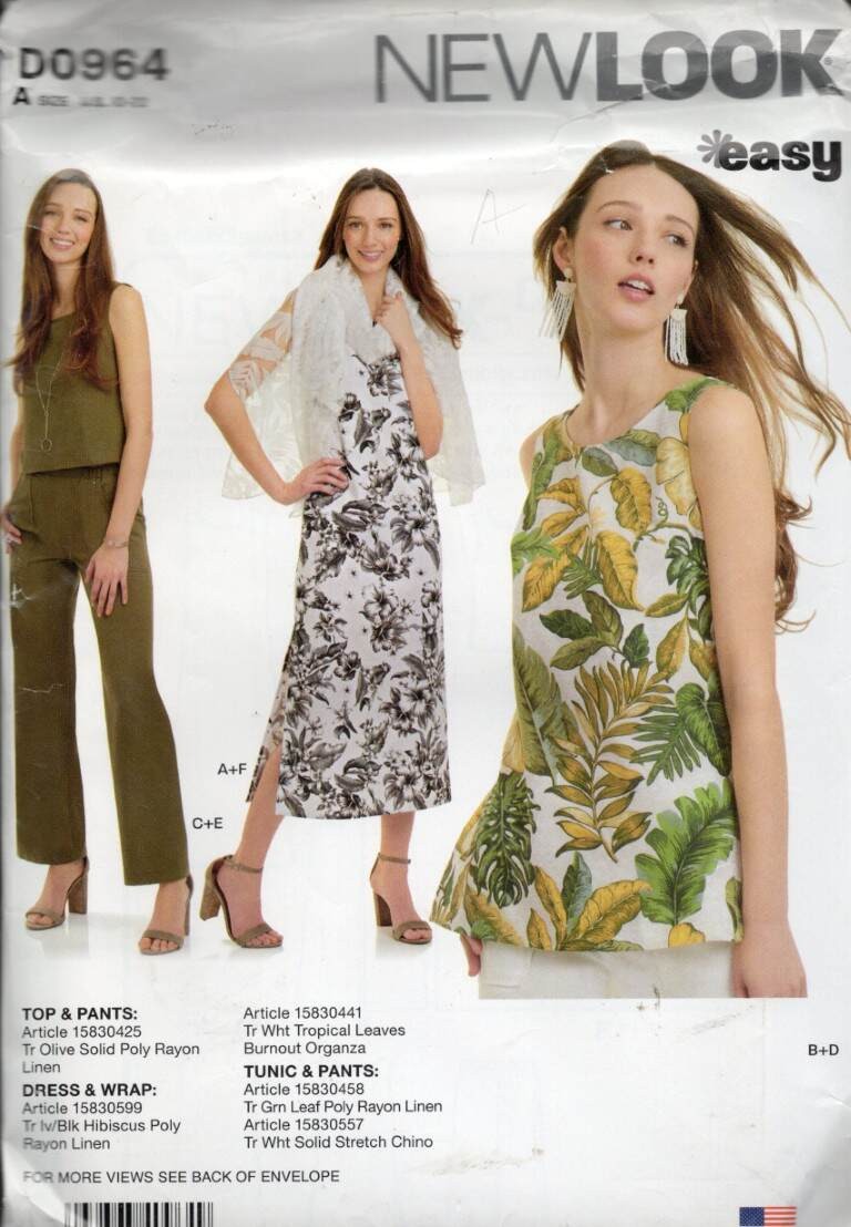 D0964 NEW LOOK EASY MISSES TOP, PANTS, TUNIC, DRESS & WRAP SZ 10-22