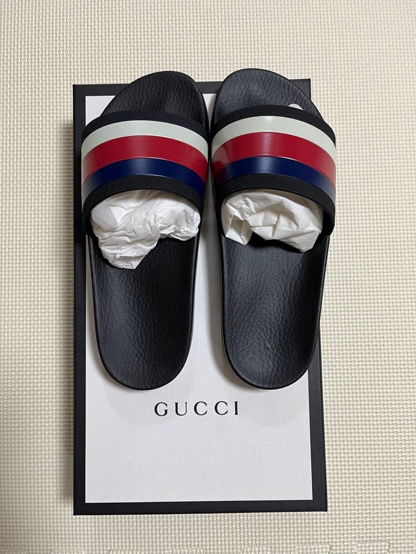 Limited Gucci Men’s Flat Slide Sandals Tricolor Leather Black EU41 US7.5 UK7