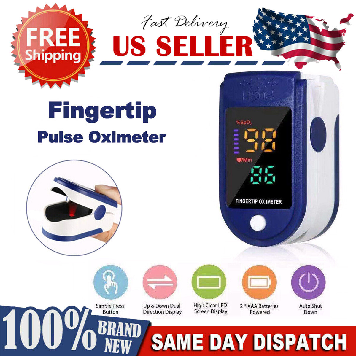 LED Finger Pulse Oximeter Blood Oxygen Monitor SpO2 Heart Rate Tester Free Bag