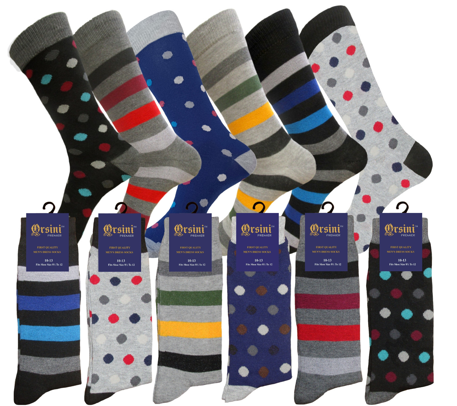 1-3-6-12 Dress Socks Cotton TRUE TO SIZE 10-13 POLKA DOTS STRIPES FIRST QUALITY