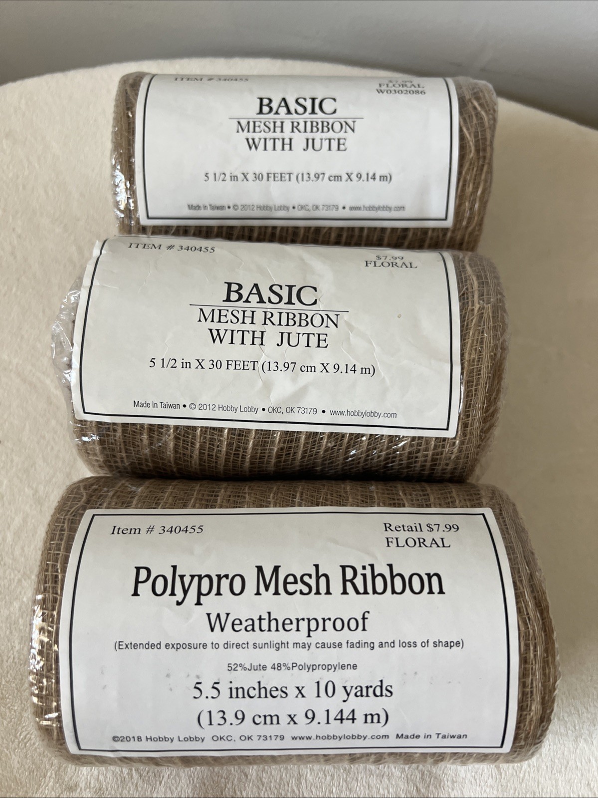 Jute PolyPro Mesh Ribbon 5.5“ X 10 Yards SET OF 3 Natural Wreath Hobby Lobby